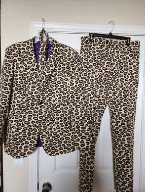 Leopard Print Two-Piece Suit Jacket and Pants - Beige/Black/Brown